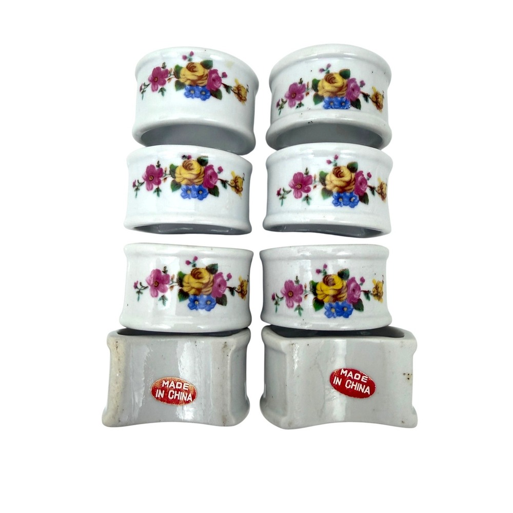 Vintage Floral Ceramic Napkin Rings Set of 8 White Porcelain Rose Garden Decor - Picture 4 of 8